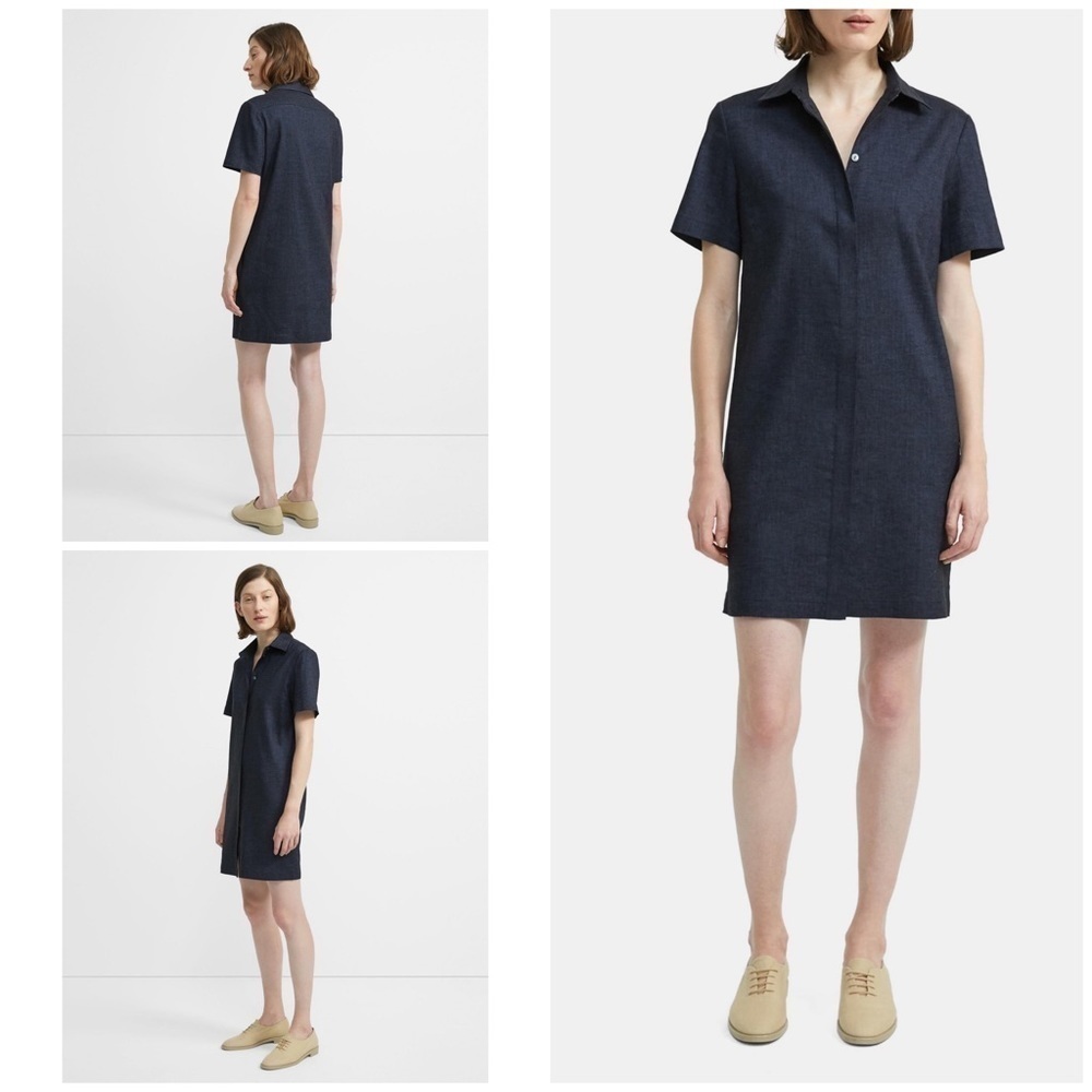 NWT Theory size Petite Navy Blue Melange Eco Sharkskin Shirtdress Shirt Dress PS